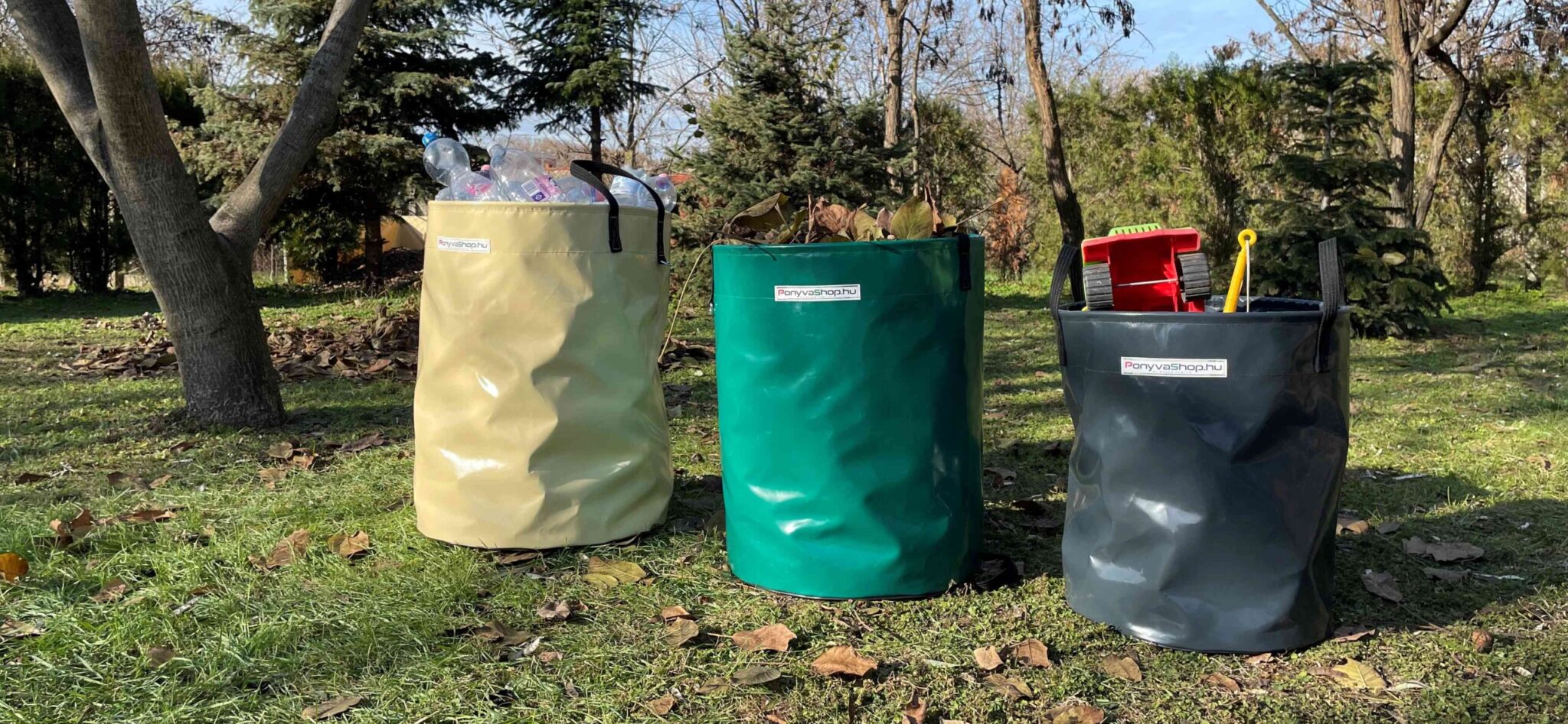 ponyvazsák szerszámoknak, kerti játékoknak, üres üvegeknek